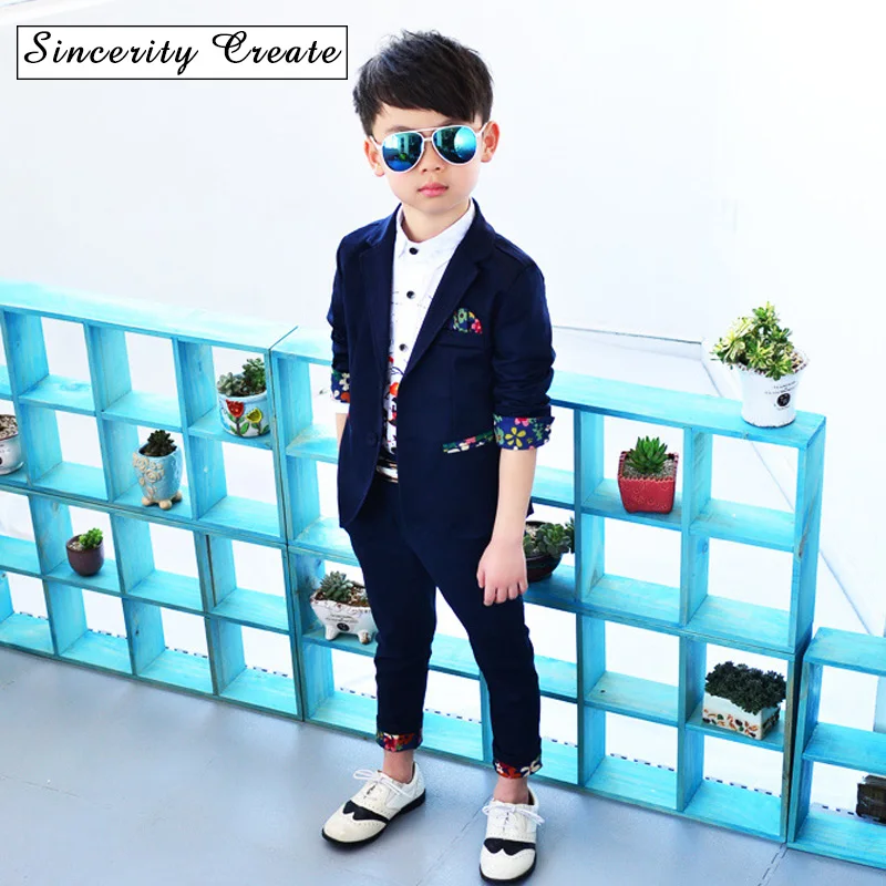 

Spring new fashion kids boys suits 3 pieces coat+vest+pant dark blue floral printed children formal clothing dinner suit KS-1804