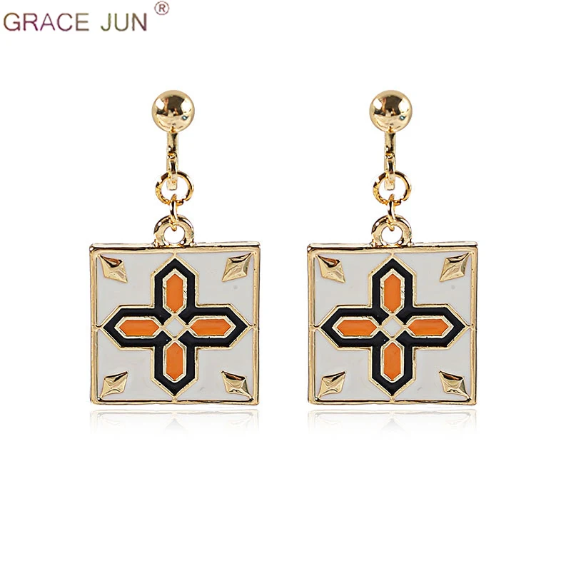 GRACE JUN Retro Square Cross Tile Shape Clip on Earrings and Pierced for Women Elegant Jewelry Factory Wholesale Price 2019 New | Украшения