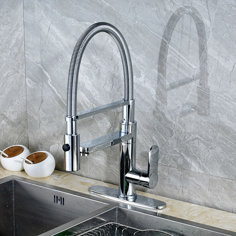 Chrome Finished Deck Mounted Kitchen Sink Faucet Swivel Spout Mixer Tap with Cover Plate
