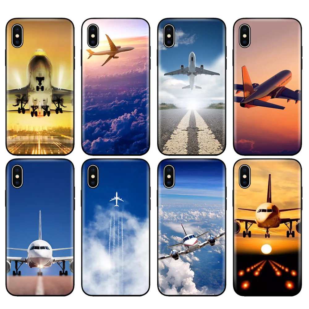 Black tpu case for iphone 5 5s SE 2020 6 6s 7 8 plus x 10 XR XS 11 pro Max silicon cover Aircraft Airplane fly travel cloud Sky | Мобильные