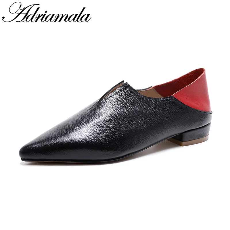 

2018 Genuine Leather Women Low Heels Casual Shoes Brand Designer Pointed Toe Square Heels Ladies Slip On Shoes Adriamala