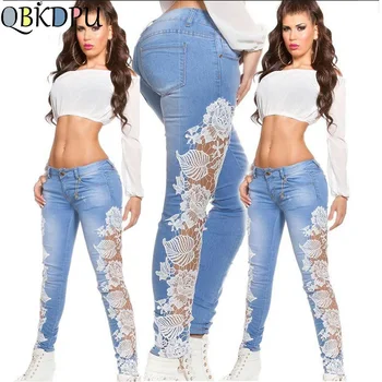 Women sexy Low waist summer pencil jeans ladies fashion casual lace floral patchwork hollow out skinny long denim pants Trousers white floral lace patchwork denim jeans