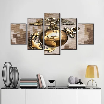 

Wall Pictures for Living Room US Marine Eagle Art Work for Home Walls Globe and Anchor Brass Emblem Paintings 5 Piece Canvas Art