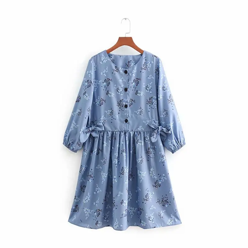 

2019 women fashion sweet o neck floral print pleats casual slim ball gown dress women cute bow decoration chic vestidos DS1742