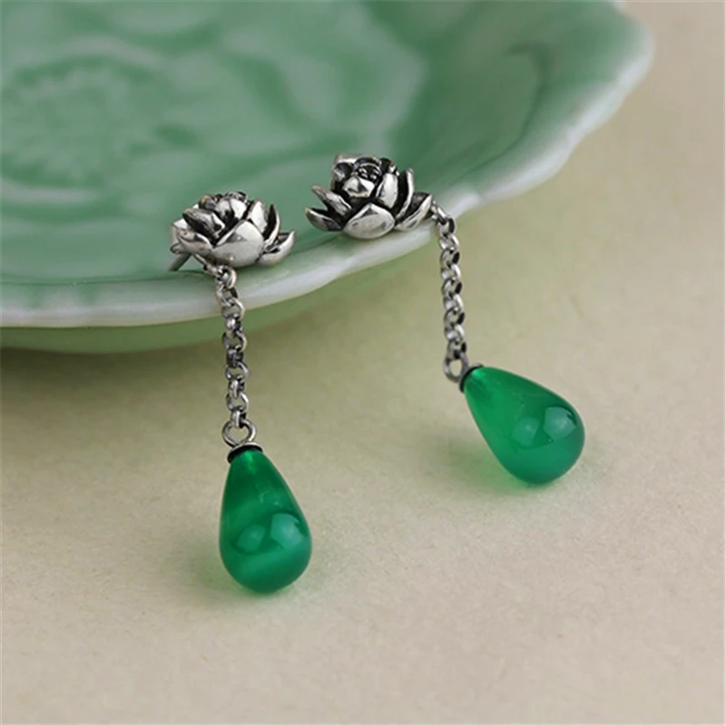Lotus Fun Real 925 Sterling Silver Natural Agate Original Handmade Fine Jewelry Water Drop Lotus Drop Earrings for Women Brincos