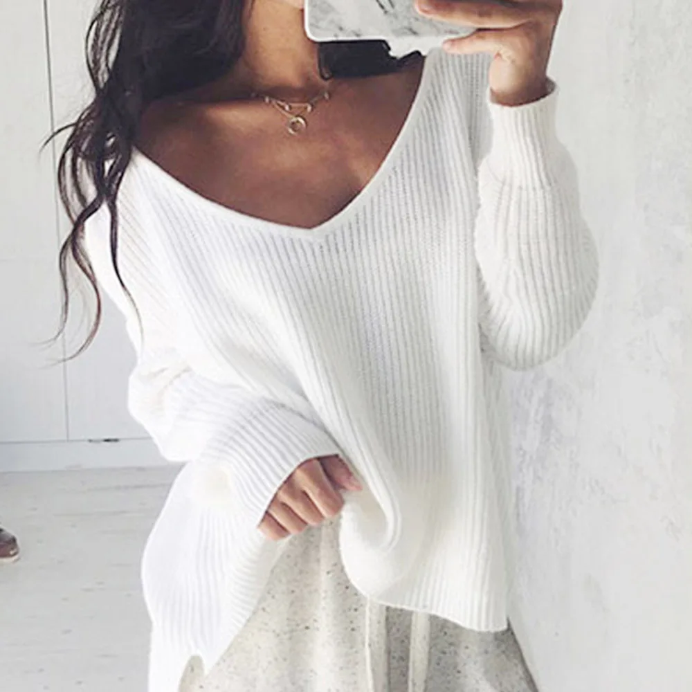 Off Shoulder Sweater Women Split Knitted Tops 2019 New Spring Autumn Pullover Knitwear Woman Clothes Black White V-neck Sweaters