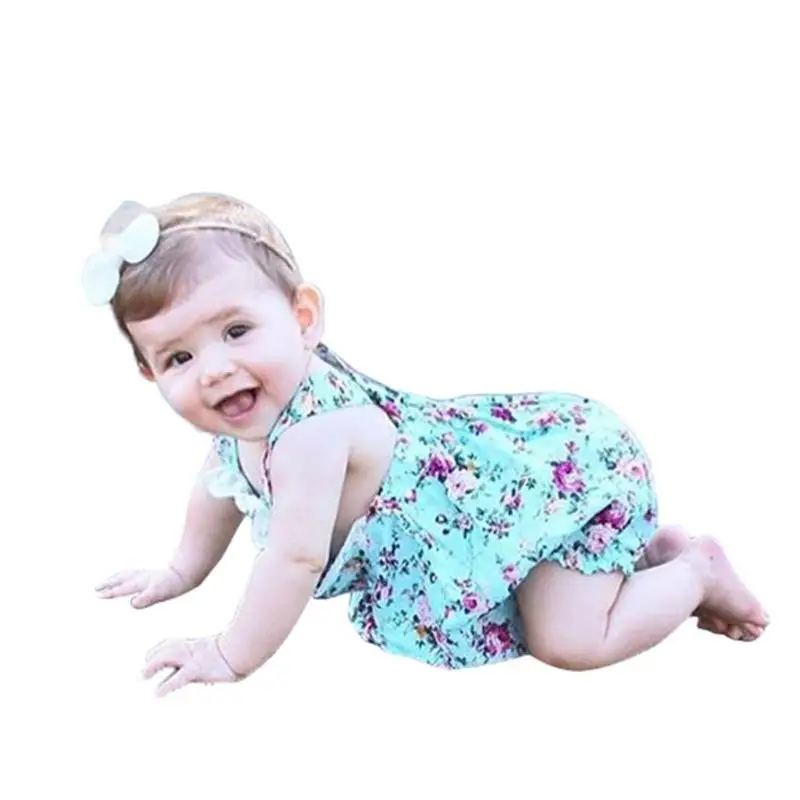 

Summer Baby Girls Clothes Ruffle Sleeve Floral Print Elastic Waist Jumpsuit Strap Bodysuit