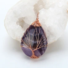 Natural Quartz Stone Pendants Handmade Tree of Life Wrapped Drop Shaped crystal pendant necklace