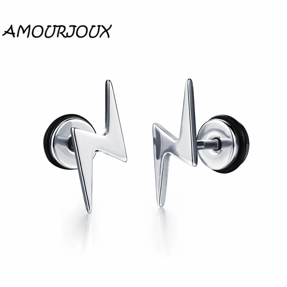 AMOURJOUX красивые серебристые и черные мужские серьги-гвоздики в форме молнии из нержавеющей стали для мужчин, мужские серьги-гвоздики, ювелирные изделия