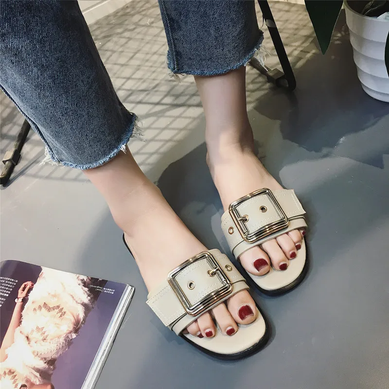 holiday outside slippers women korean square buckle strap flat slippers