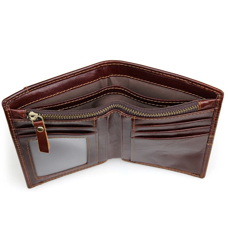 MJ Male Wallets Vintage Genuine Leather Bi-Fold Men's Wallet Card Holder Short Purse Coin Pocket ID Photo Window Wallet for Men (12)