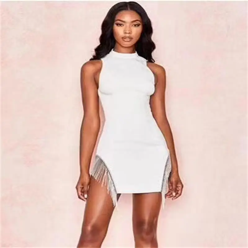 

Women's bandages new 2019 summer celebrity party black white round neck fringed women's dress Vestidos sexy fashion wholesale