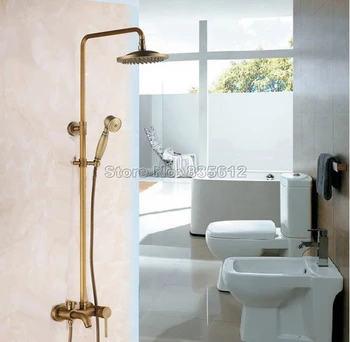 

Retro Bathroom Wall Mounted 8 inch Rainfall Shower Mixer Faucet Set W/ Single Lever Bathtub Taps Antique Brass Finish Wrs185