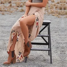 Женская белая ассиметричная длинная юбка летняя Бохо винтажная Цветочная печать с разрезом сбоку обтягивающая юбка макси девушка Талия юбки женские
