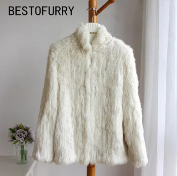 

Fashion New Winter Women Stand Collar Jacket Real Natural Rabbit Fur Knit Coat Jacket Warm Long Sleeve RJ0026