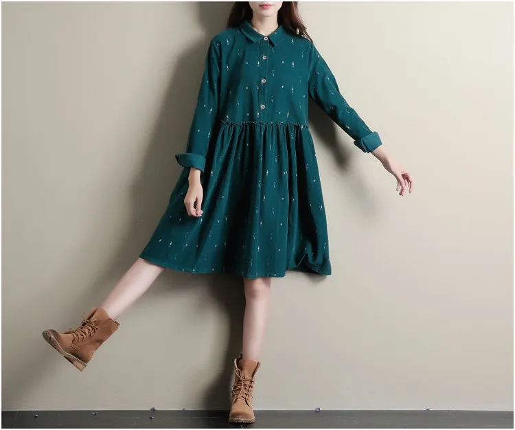 Осенне-зимние платья зеленые свободные платья с длинными рукавами для девочек и Мори вельветовое платье с отложным воротником ТРАПЕЦИЕВИДНОЕ ПЛАТЬЕ в стиле Лолиты Z885