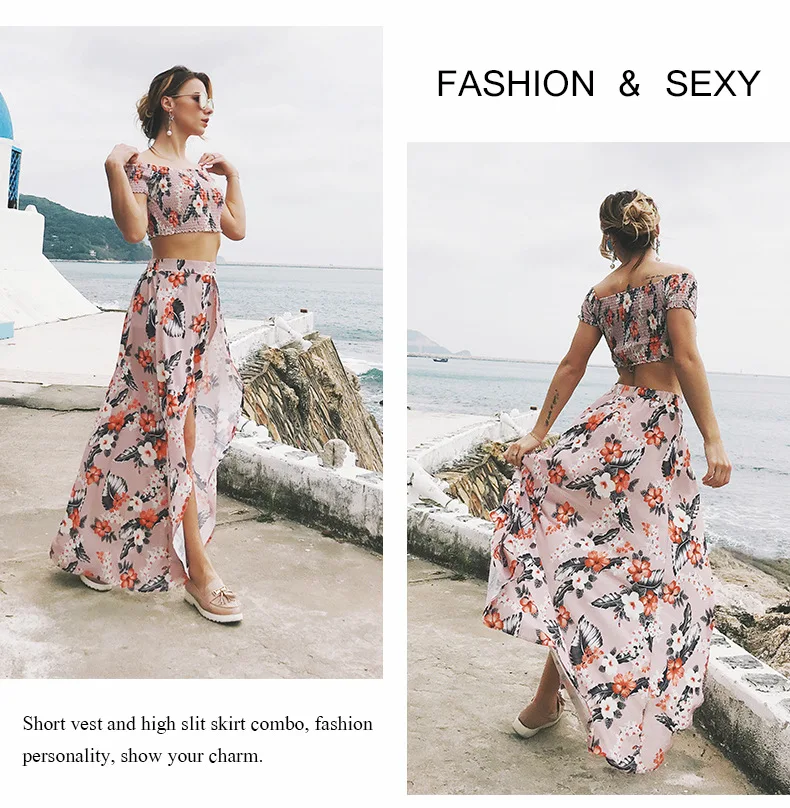 Danjeaner Off Shoulder Floral Print Summer Maxi Dress Plus Size Women Two Piece Set Beach Dress Female Sexy Split Boho Dresses