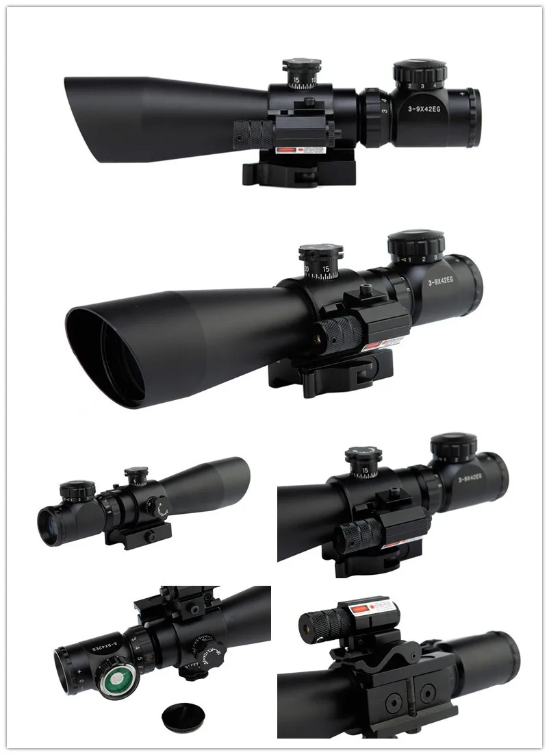 

3-9x42EG Rifle Scope Red Green Dot Illuminated Telescopic Sight Riflescope w/ Tactical Red Laser Scope Sight for hunting
