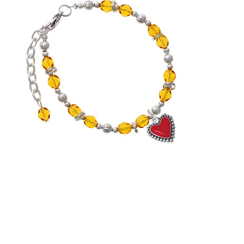 Silvertone Red Heart with Beaded Border Yellow Beaded Bracelet