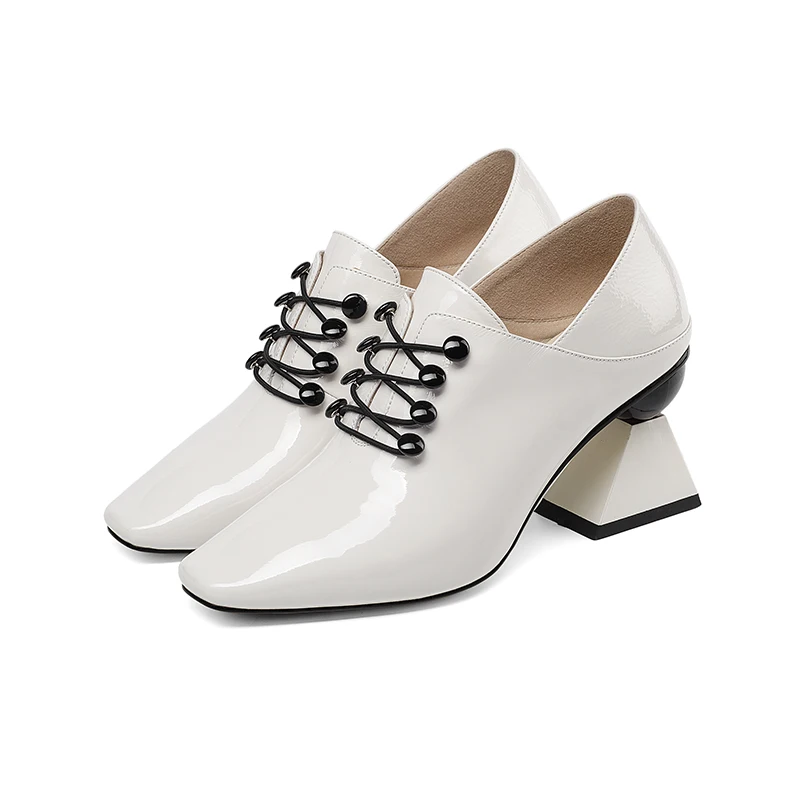 ISNOM Patent Leather Women Pumps Square Toe Cross Tied Footwear Unusual High Heels Ladies Shoes Fashion Mules Shoes Woman 2019 ISNOM Patent Leather Women Pumps Square Toe Cross Tied Footwear Unusual High Heels Ladies Shoes Fashion Mules Shoes Woman 2019
