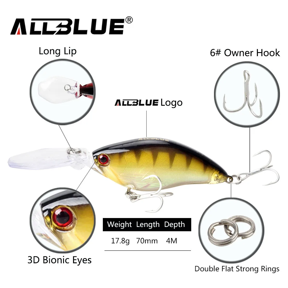 ALLBLUE العائمة الغوص العميق Crankbait الصيد السحر 17.8 جرام/70 ملليمتر نابض بالحياة Wobblers مع 6 # السنانير peche إيسكا الاصطناعي