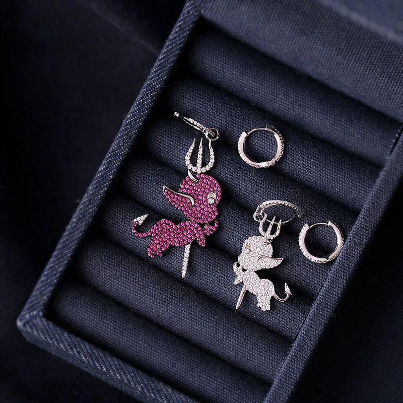 

SLJELY 925 Sterling Silver Asymmetric Cupid Earrings Cubic Zirconia Stones Little Devil Drop Earrings Women Lover Fine Jewelry