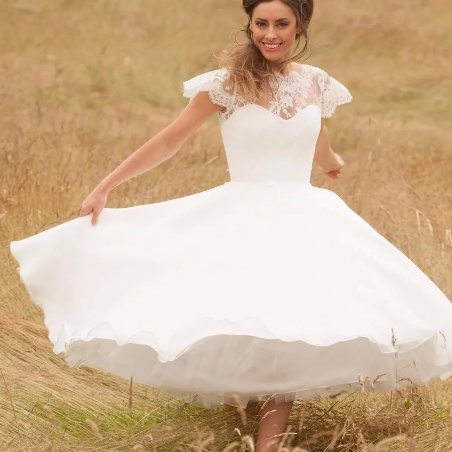 Short-Wedding-Dress-2016-Ball-Gown-Bateau-Tea-Length-Lace-Bridal-Dresses-vestido-de-noiva-de