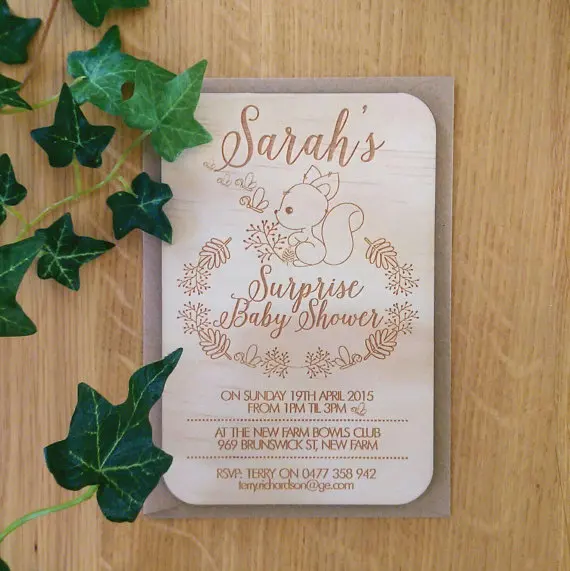  Baby shower invitation rustic. Forest animals design. Laser Etched Wooden Invitation - 32867460356
