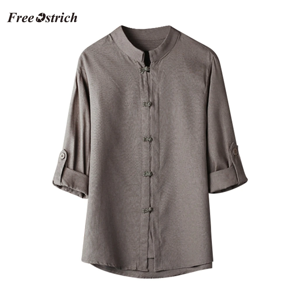 

Free Ostrich Men's Specialty Button-down Casual Solid Shirt Chinese Three Quarter Linen Blouse Kung Fu Shirt Loose Soft Tops