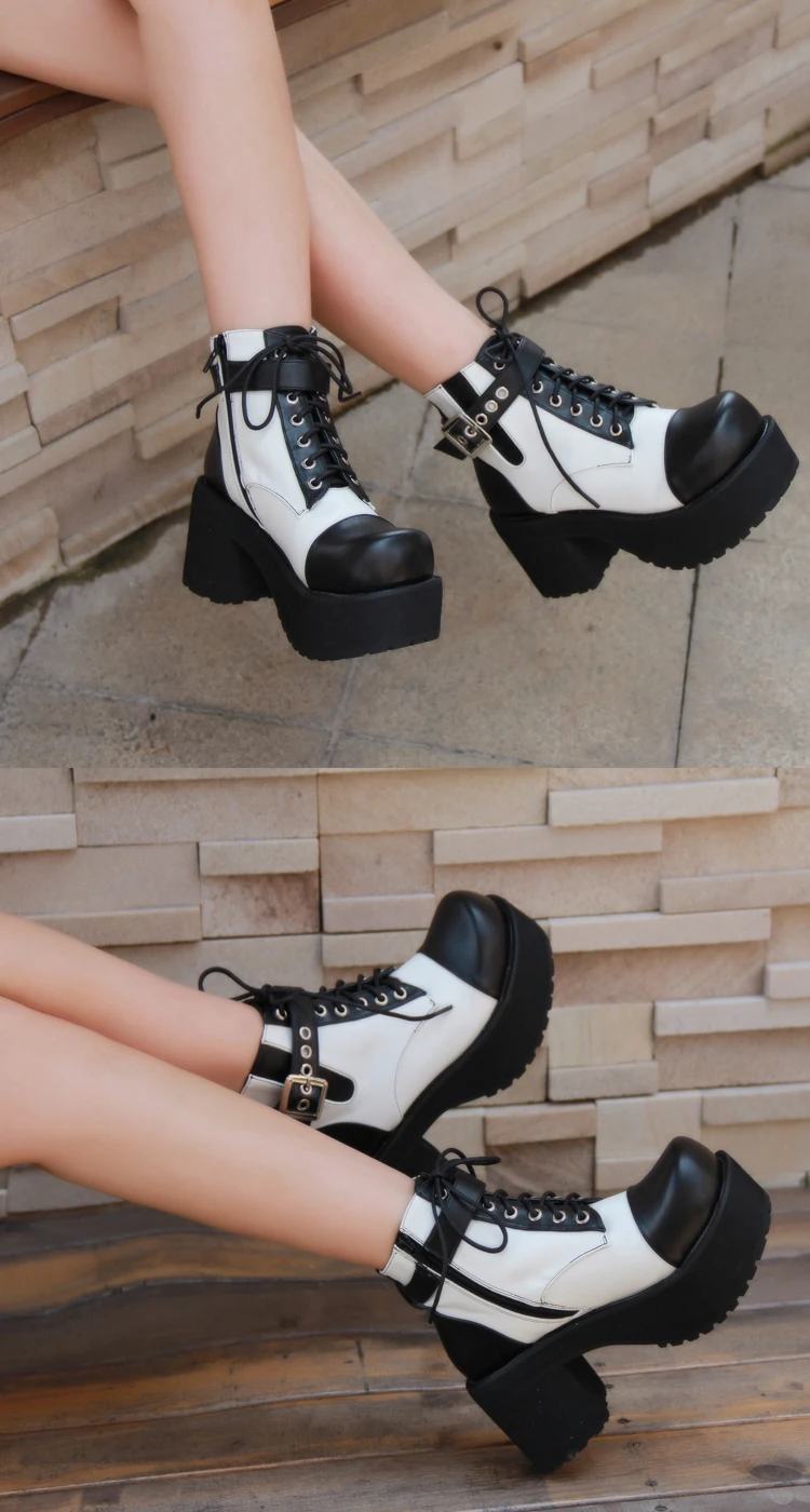 Ботинки Лолиты в готическом стиле панк с пряжкой на блочном каблуке 8 см; цвет черный, белый; ботильоны для костюмированной вечеринки на платформе со шнуровкой
