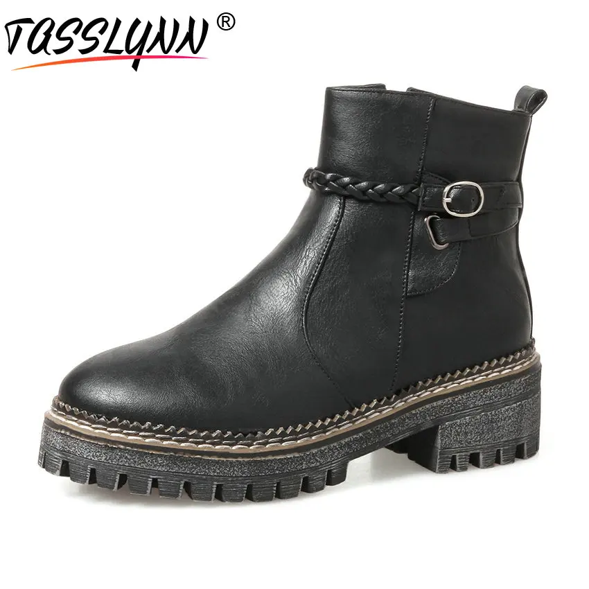

TASSLYNN 2018 Women Boots PU Spring Autumn Shoes Square Low Heels Zippers Round Toe Chunky Martin Ankle Boots Women Shoes 34-39