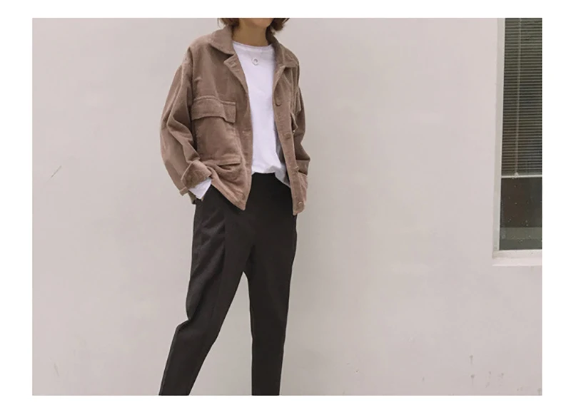 Scsech Women Jacket Corduroy Retro Double Pocket Wind Loose Baseball Short Jacket Coats Spring And Autumn Casual Jacket D8A129 (15)