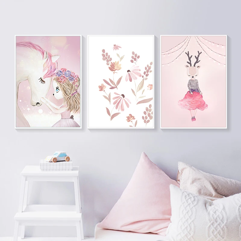 Розовая детская девочка настенные цветок Холст Картина лошадь Лебедь плакаты на