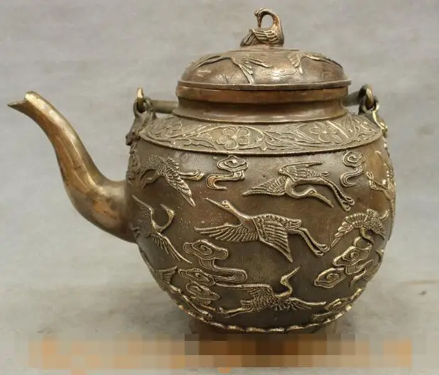 

S7063 12" Marked Chinese Bronze 1000 Crane Birds Copper Statue TeaPot Wine Pot Flagon D0318