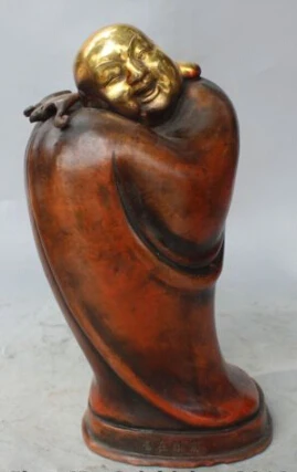 

RHS0162 10" Chinese Bronze Gilt happy smile Maitreya Buddha & FengShui Bat Fu Statue
