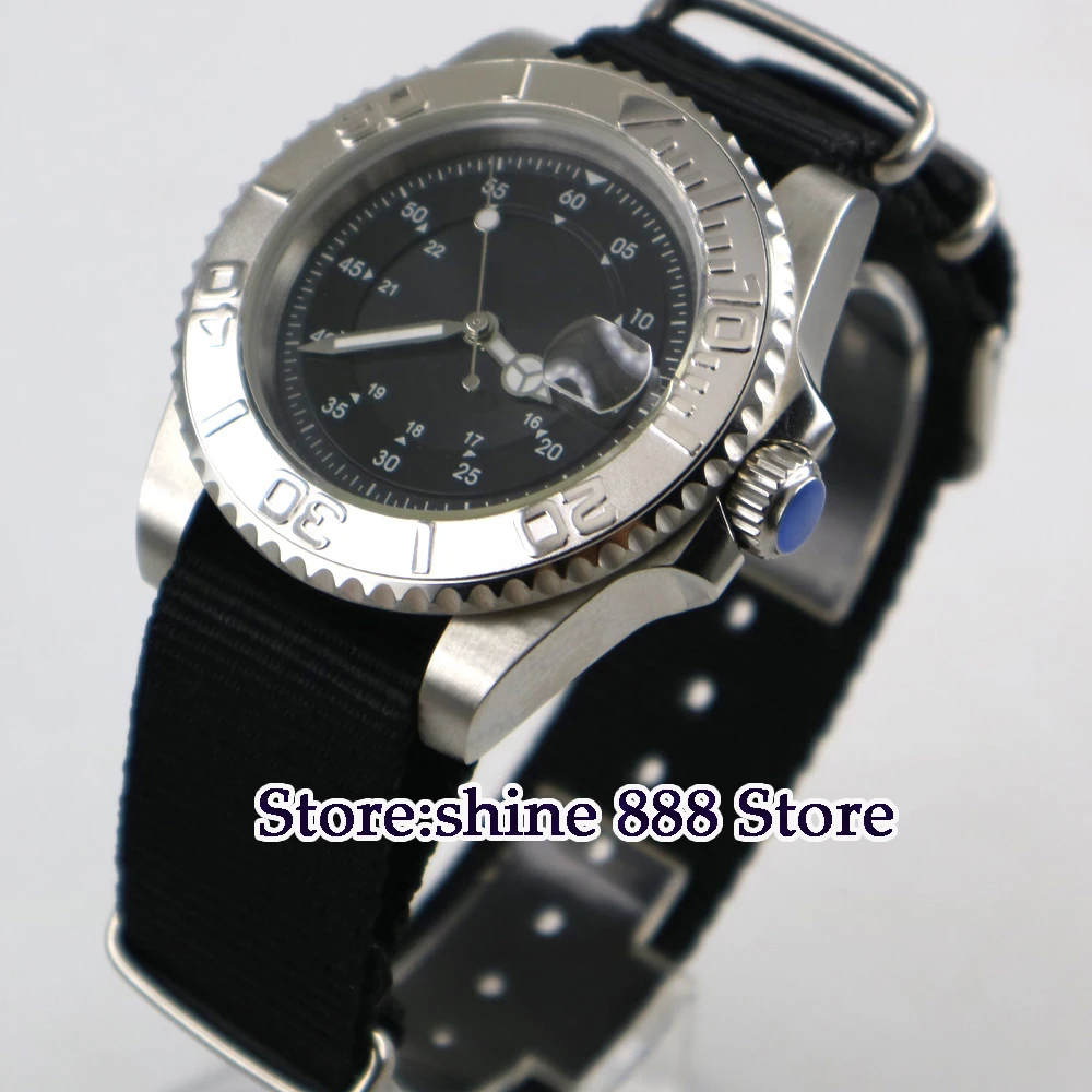 

40mm bliger black Sterile dial automatic mens watch Silver bezel date sapphire glass