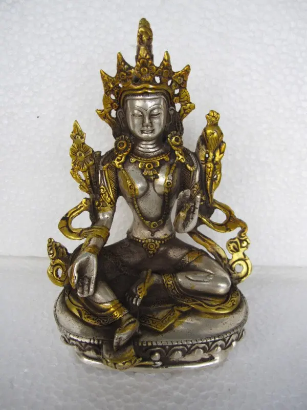 

Tibetan Silver Gilt Bronze Green Tara Goddess Buddha Statue