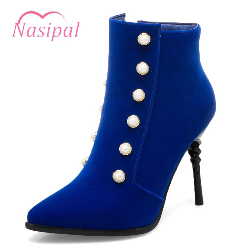 

Nasipal String Bead Stiletto Boots High Heels Pointed Toe Flock Leather Wedding Shoes Short Martin Boots Sexy Ankle Boots M856