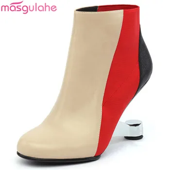 

Masgulahe 2018 fashion new autumn winter boots round toe high heels mixed colors ankle boots for women genuine leather boots