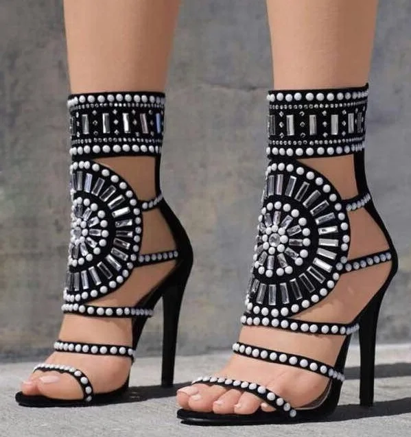 Women Luxury Geometric Beaded Stiletto Heels Sandals Beige Black Bling ...