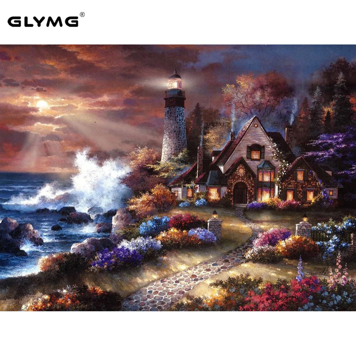 GLymg Diy Diamond Painting Cross Stitch House Seaside Scenery Lighthouse Diamond Embroidery Full Square Gift European Home Decor