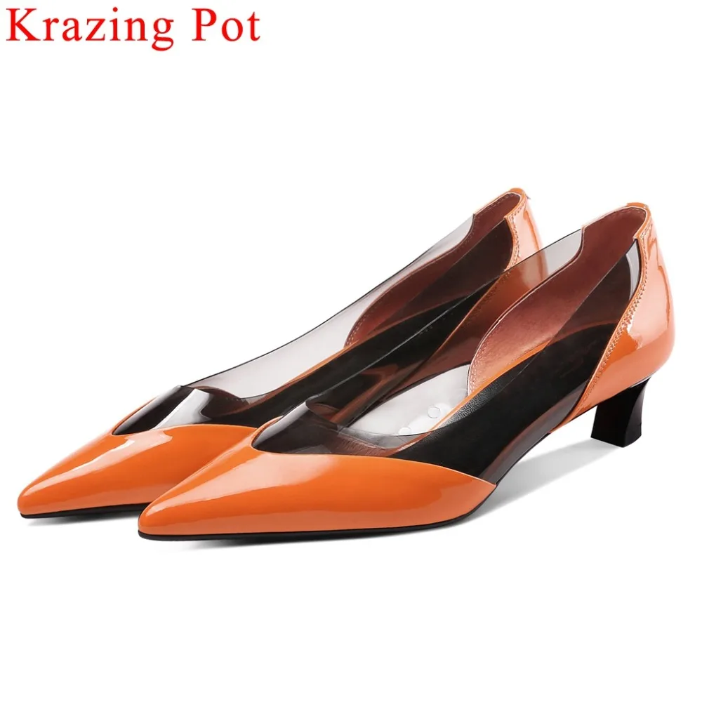 

Krazing Pot European style low heels slip on jelly shoes pointed toe natural leather dress office lady model women pumps L14