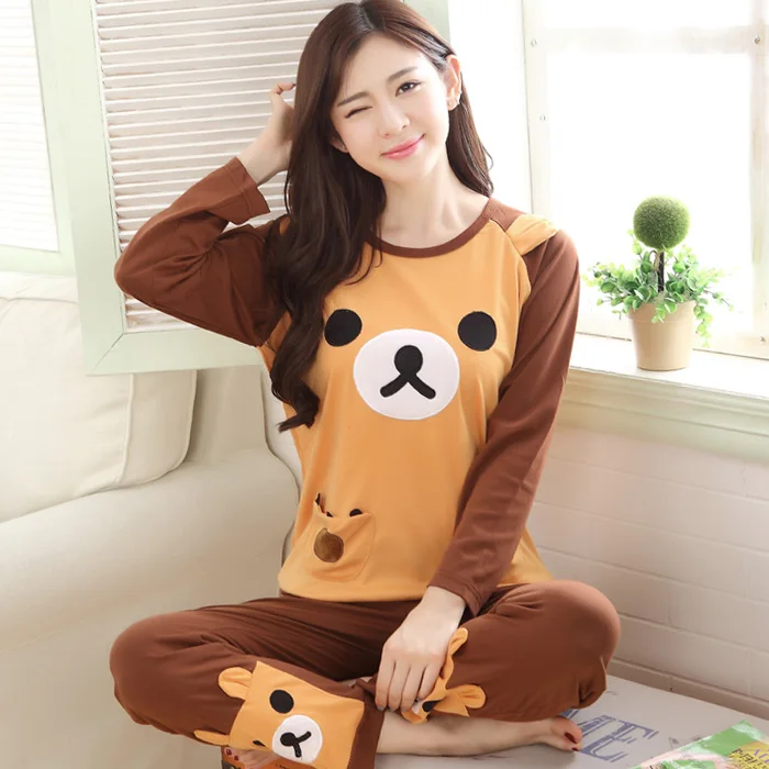 

Adult Girls Rilakkuma sleepwear Tracksuit Spring Fall Long sleeved Women Cotton Cartoon bear pajama sets pyjamas M L XL