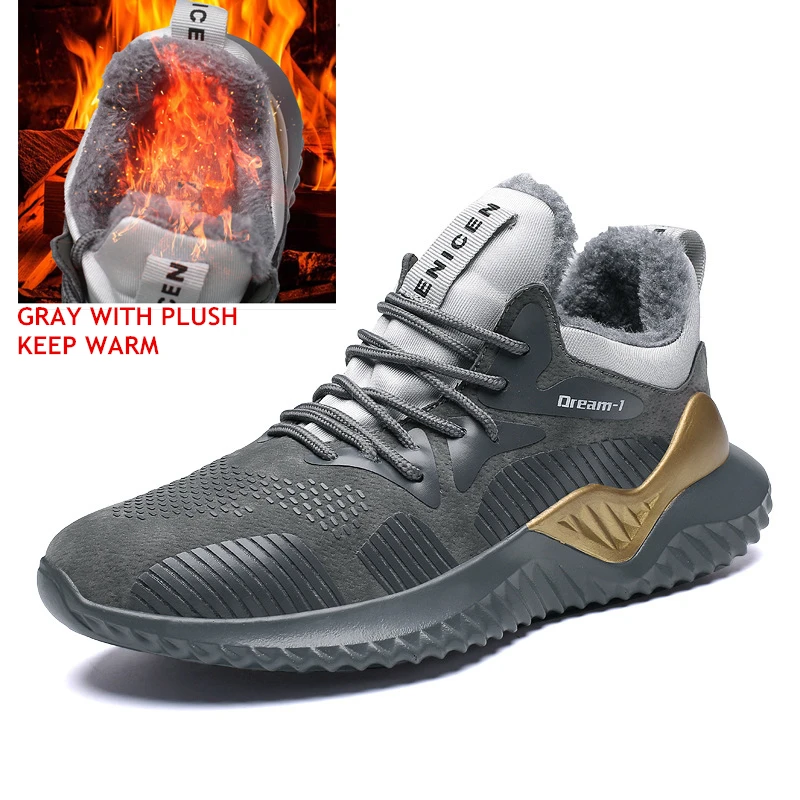 Новинка; мужские зимние кроссовки для бега; мужские кроссовки; спортивная обувь для бега с Плюшевым Мехом; оригинальная дышащая обувь для тренировок; большие размеры 46 - Цвет: GRAY WITH PLUSH