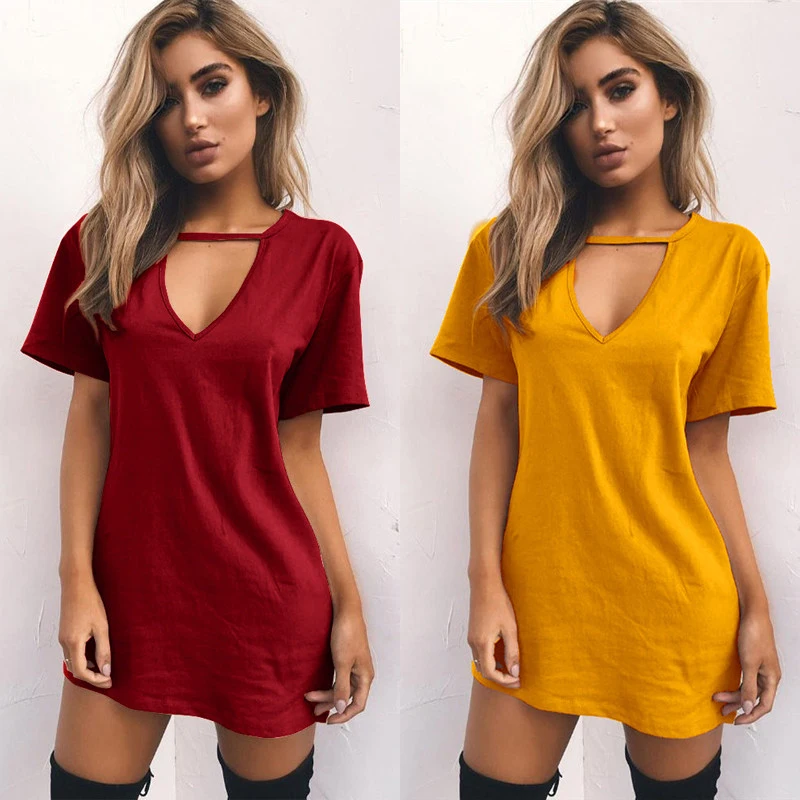 

Women Dress 2019 Choker V-neck Summer Dresses Short Sleeve Casual Sexy Halter Loose Boho Beach Dress Vestidos Plus Size