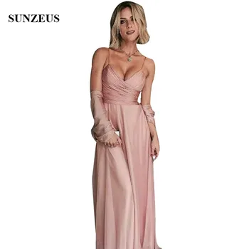 Spaghetti Straps Bridesmaids Party Dresses With Stole A-line Pleated Wedding Guest Gowns Long Chiffon Women Dress Spaghetti Straps Bridesmaids Party Dresses With Stole A-line Pleated Wedding Guest Gowns Long Chiffon Women Dress