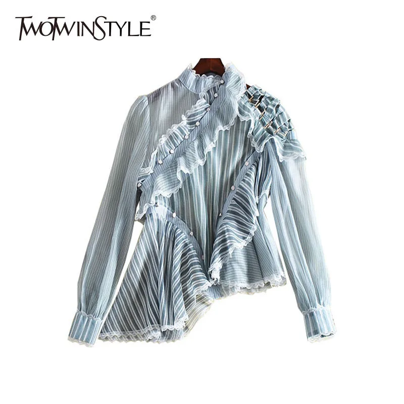  TWOTWINSTYLE Striped Shirt Women Ruffles Patchwork Hollow Out Stand Collar Irregular Blouse Female 