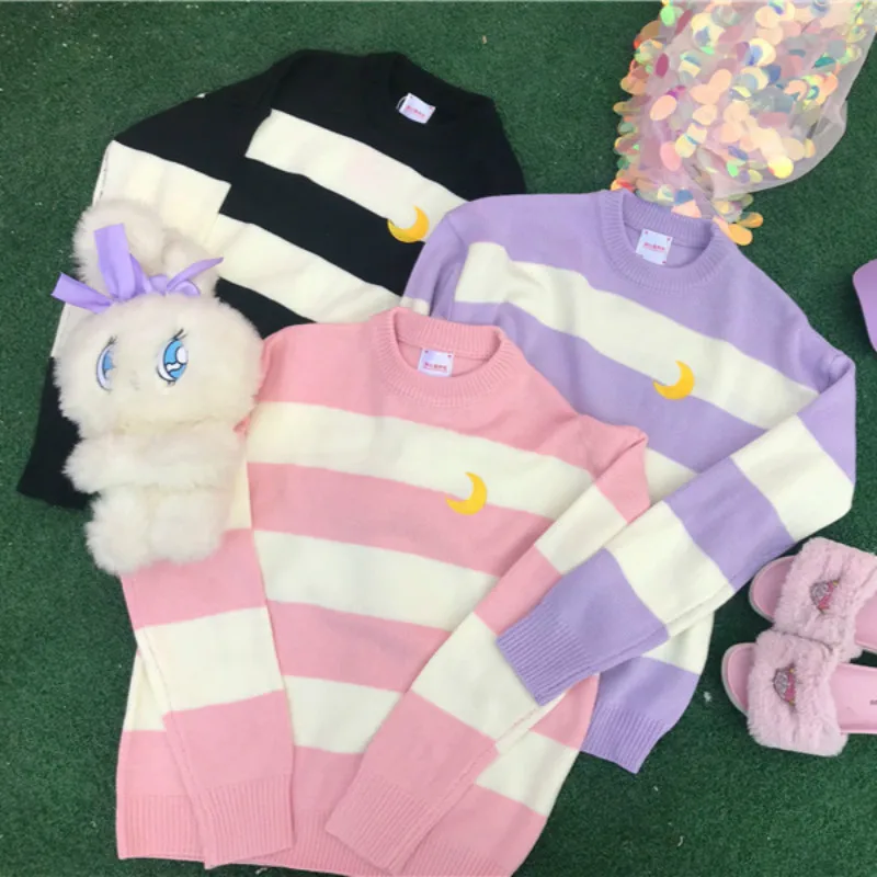 

Harajuku Fashion Women Sweater Sweet Candy Color Striped Knitted Sweater Cute Moon Embroidery Cotton Women Pullover Sweater