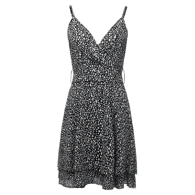 Women Deep V-Neck Sleeveless Summer Dress Dot Print Cascading Dresses Ruffle Bandage Mini Strap Dress Slim Sling Black Solid