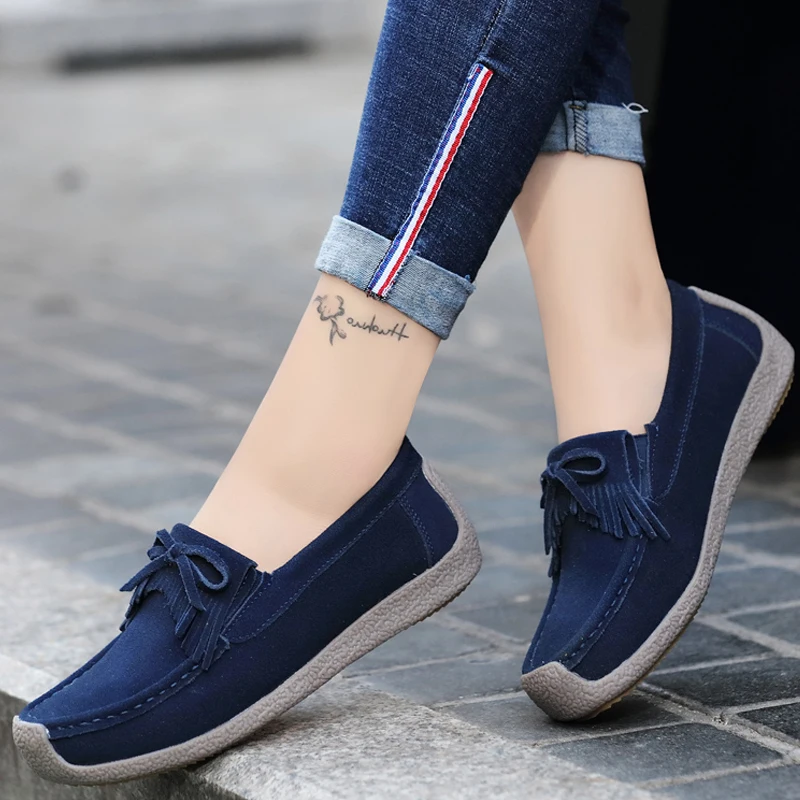 

2019 Spring women flats leather suede slip on fringe loafers shoes ballet flats cowhide flexible fur boat oxford shoes 1318